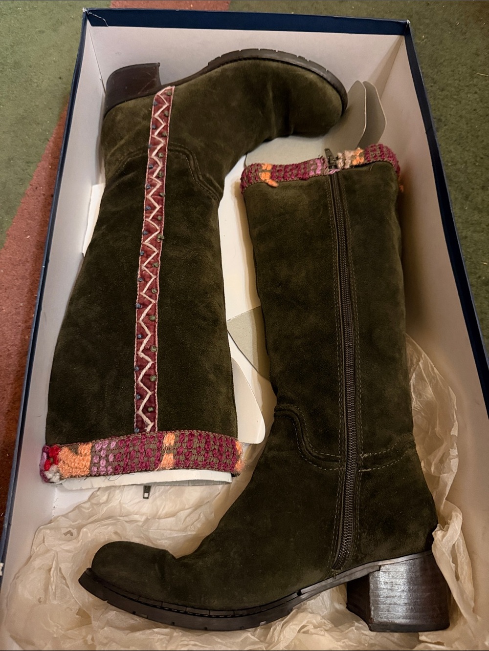 Apepazza Olive Green Suede Knee Boots with Multicolor Trim